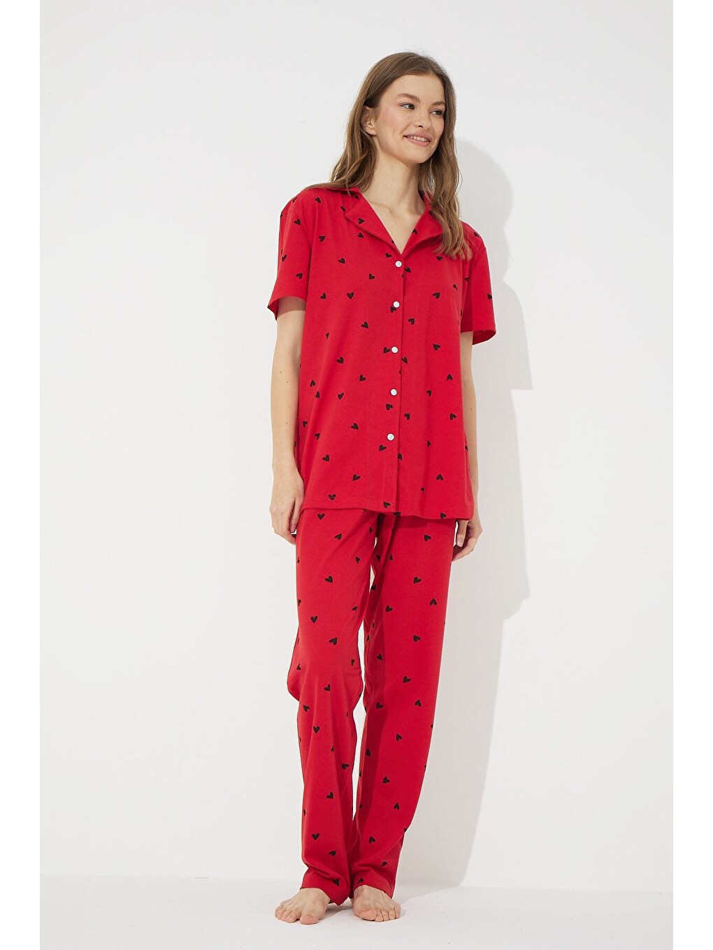 Kırmızı Kısa Kollu Pamuklu Düğmeli Pijama Takımı-1