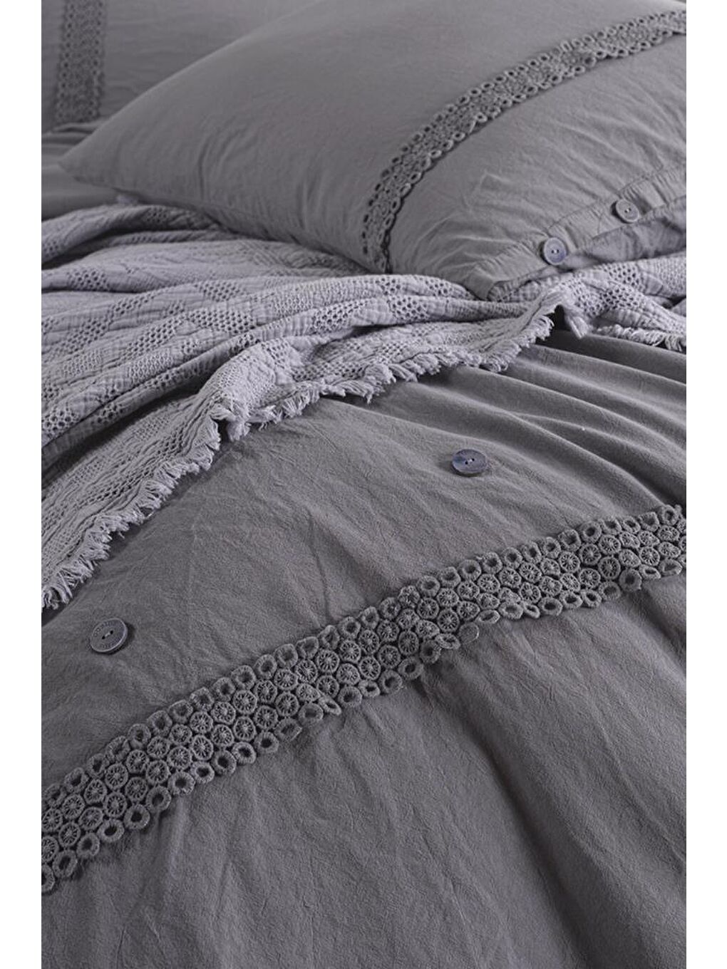 Grace 7 Parça %100 Pamuk Çift Kişilik Pikeli Nevresim Takımı Antrasit-1