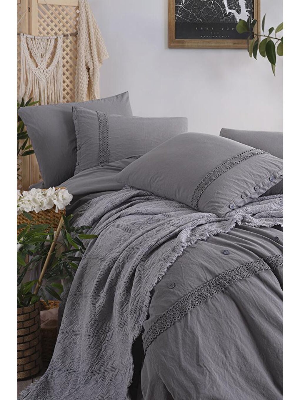 Grace 7 Parça %100 Pamuk Çift Kişilik Pikeli Nevresim Takımı Antrasit-2