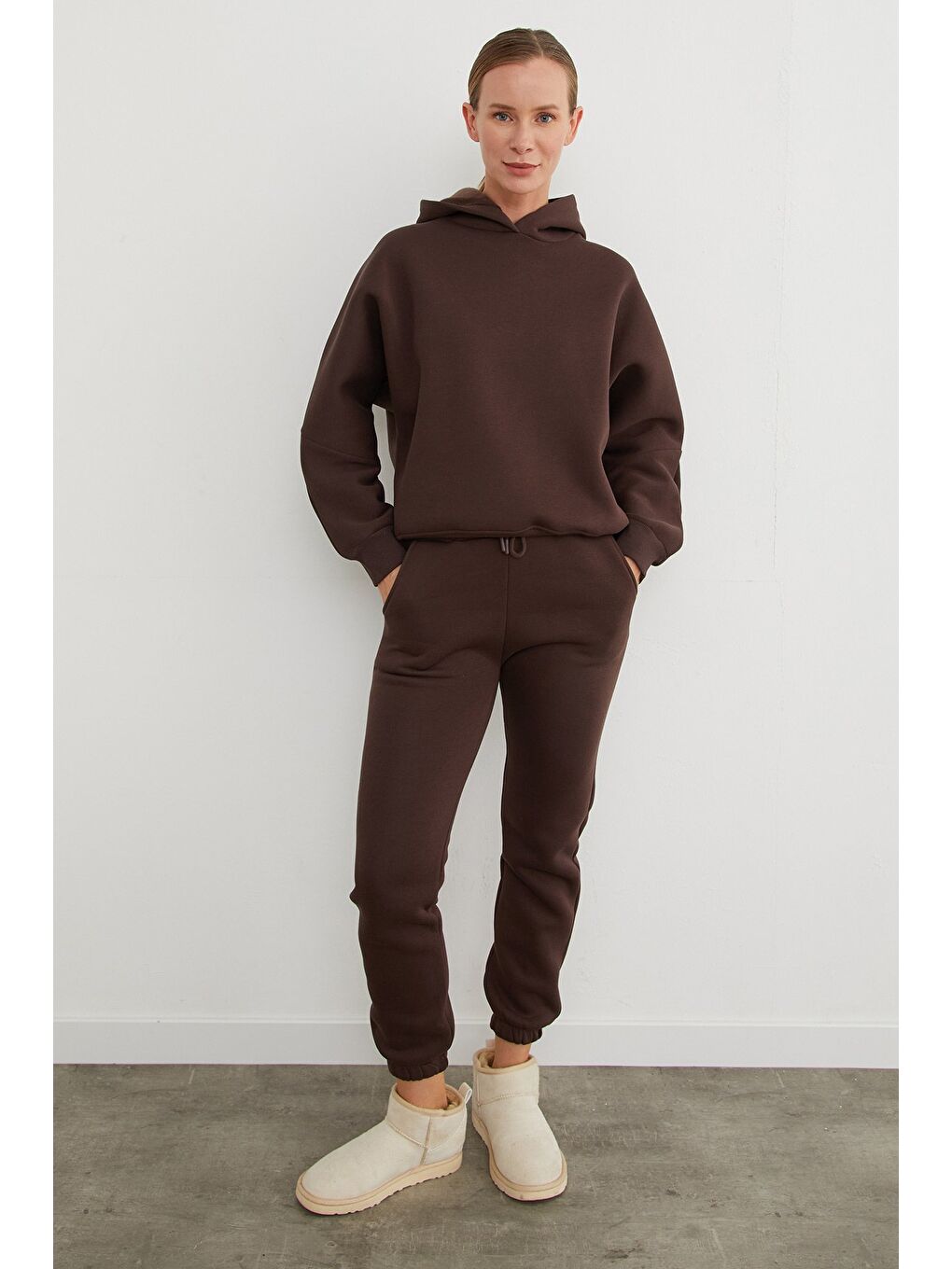 Kahverengi 3 İplik Basic Kapüşonlu Jogger Eşofman Takımı