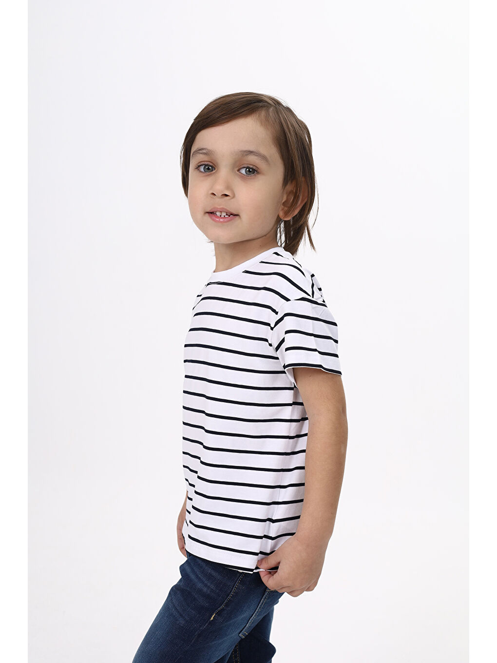 Lacivert Unisex Çocuk Çizgili Tişört-4