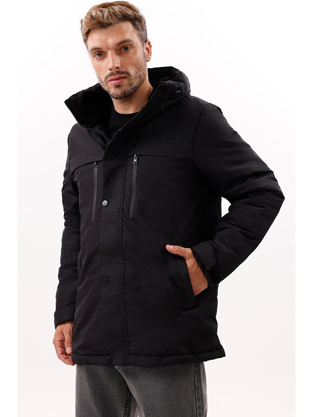 Siyah Erkek Polarlı Kürklü Su Ve Rüzgar Geçirmez Kapüşonlu Kışlık Mont & Kaban & Parka - Elyaflamalı-2