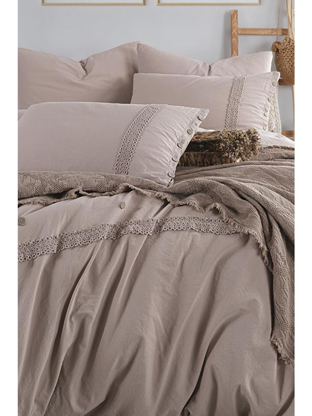 Kahverengi Grace 7 Parça %100 Pamuk Çift Kişilik Pikeli Nevresim Takımı Cappucino-1