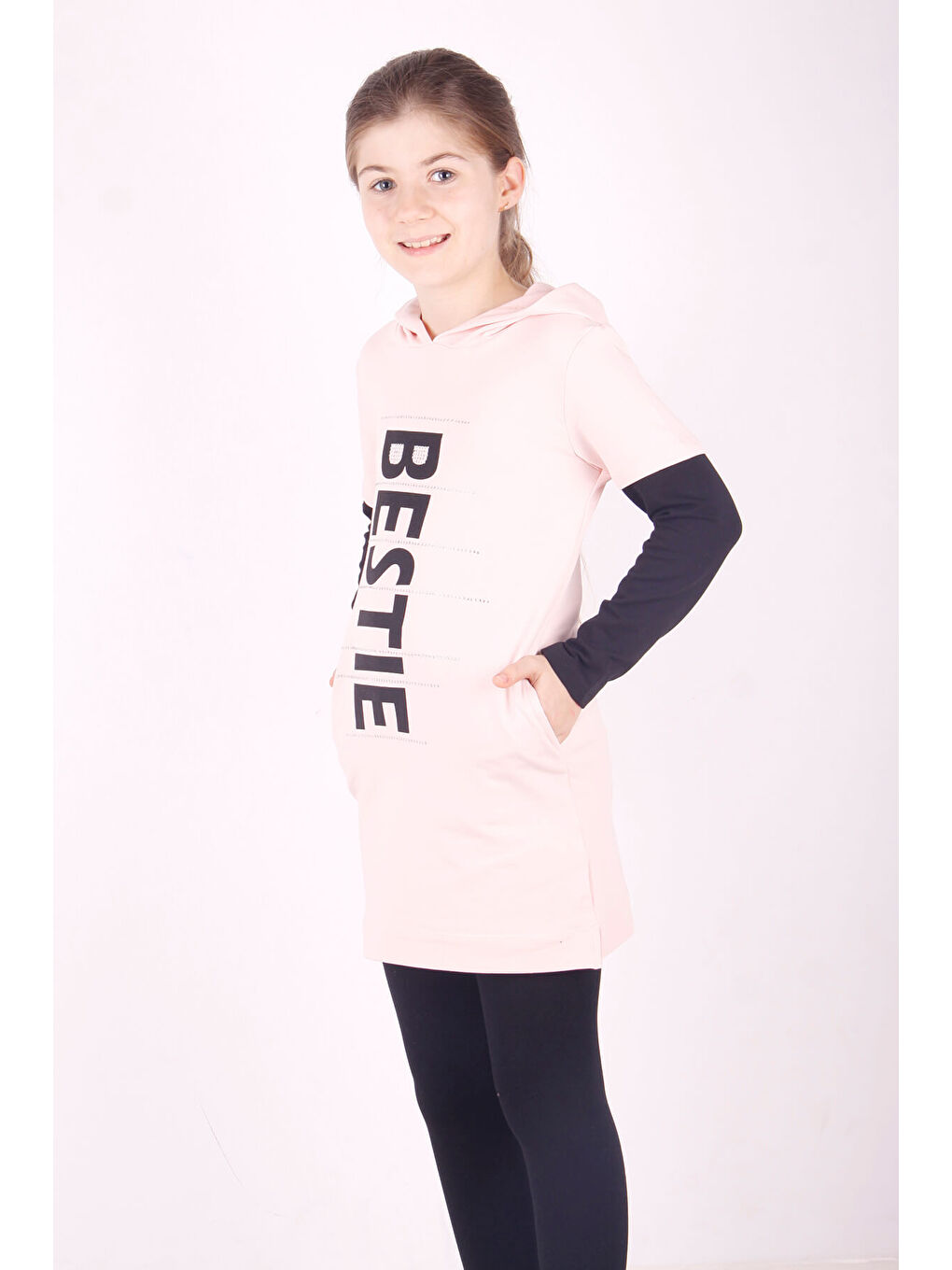 Pembe Kız Çocuk Bestie Baskılı Kapüşonlu Elbise-1
