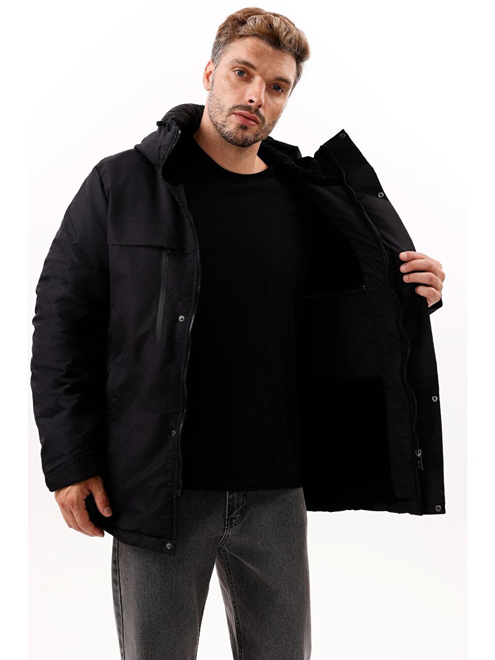 Siyah Erkek Polarlı Kürklü Su Ve Rüzgar Geçirmez Kapüşonlu Kışlık Mont & Kaban & Parka - Elyaflamalı-3