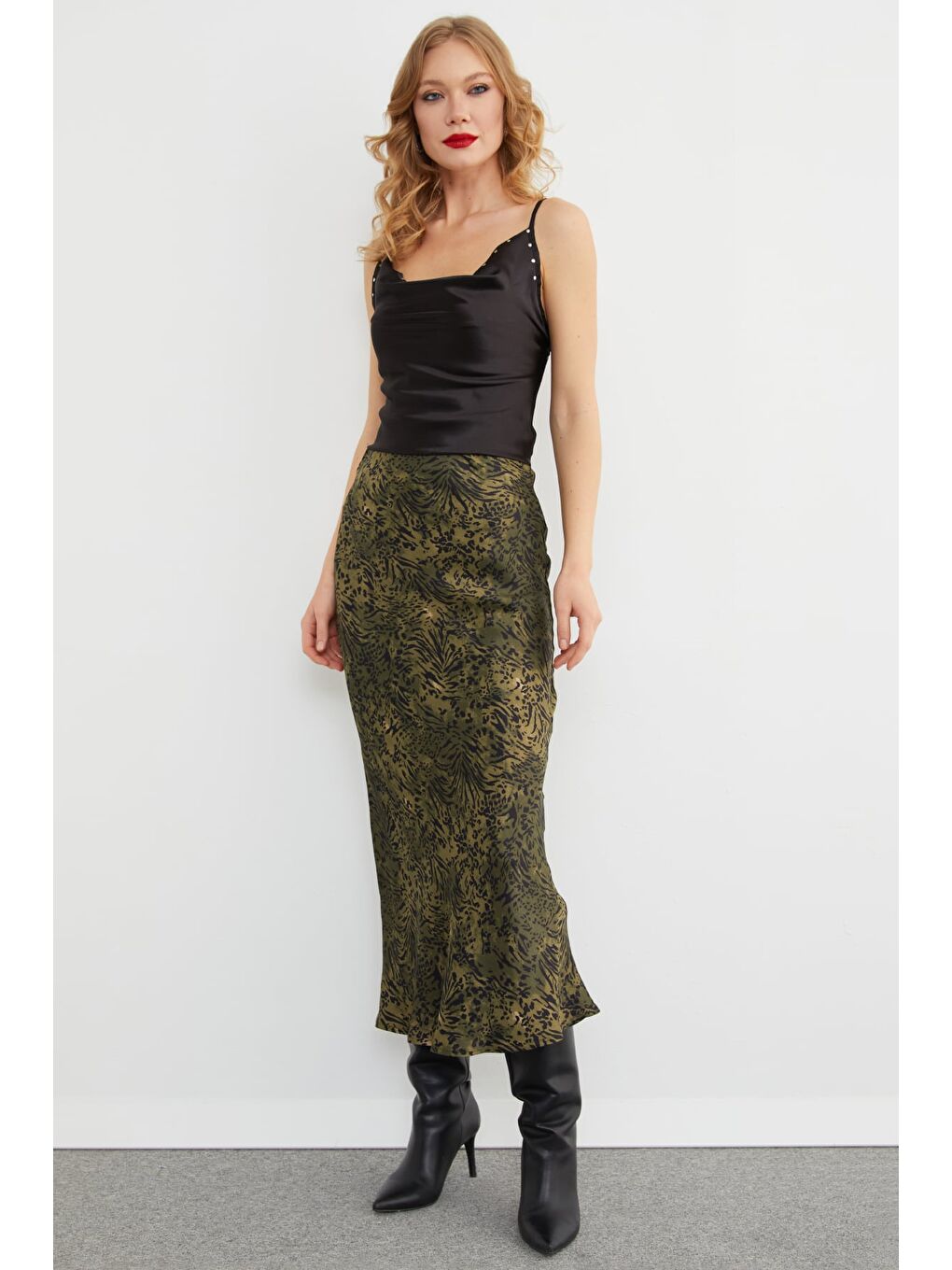 Haki Leopar Desenli Maxi Boy Balık Etek-1
