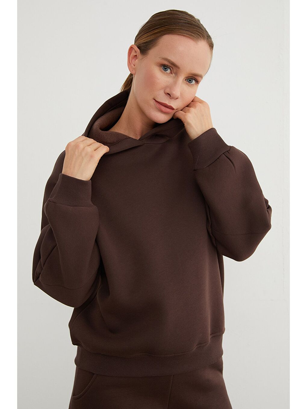 Kahverengi 3 İplik Basic Kapüşonlu Jogger Eşofman Takımı-2