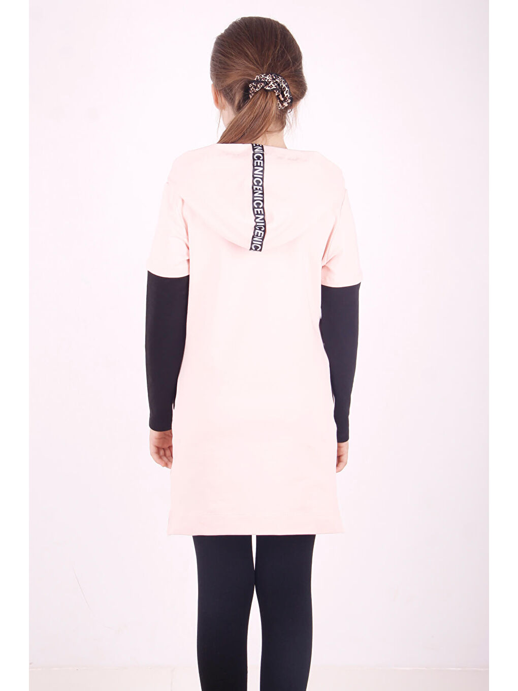 Pembe Kız Çocuk Bestie Baskılı Kapüşonlu Elbise-2