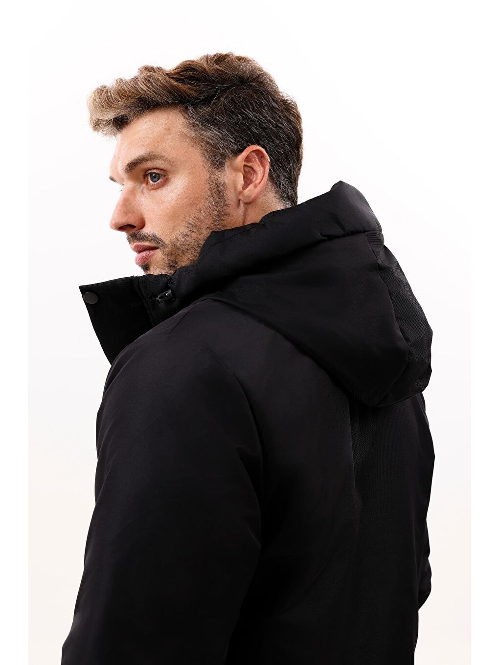 Siyah Erkek Polarlı Kürklü Su Ve Rüzgar Geçirmez Kapüşonlu Kışlık Mont & Kaban & Parka - Elyaflamalı-4