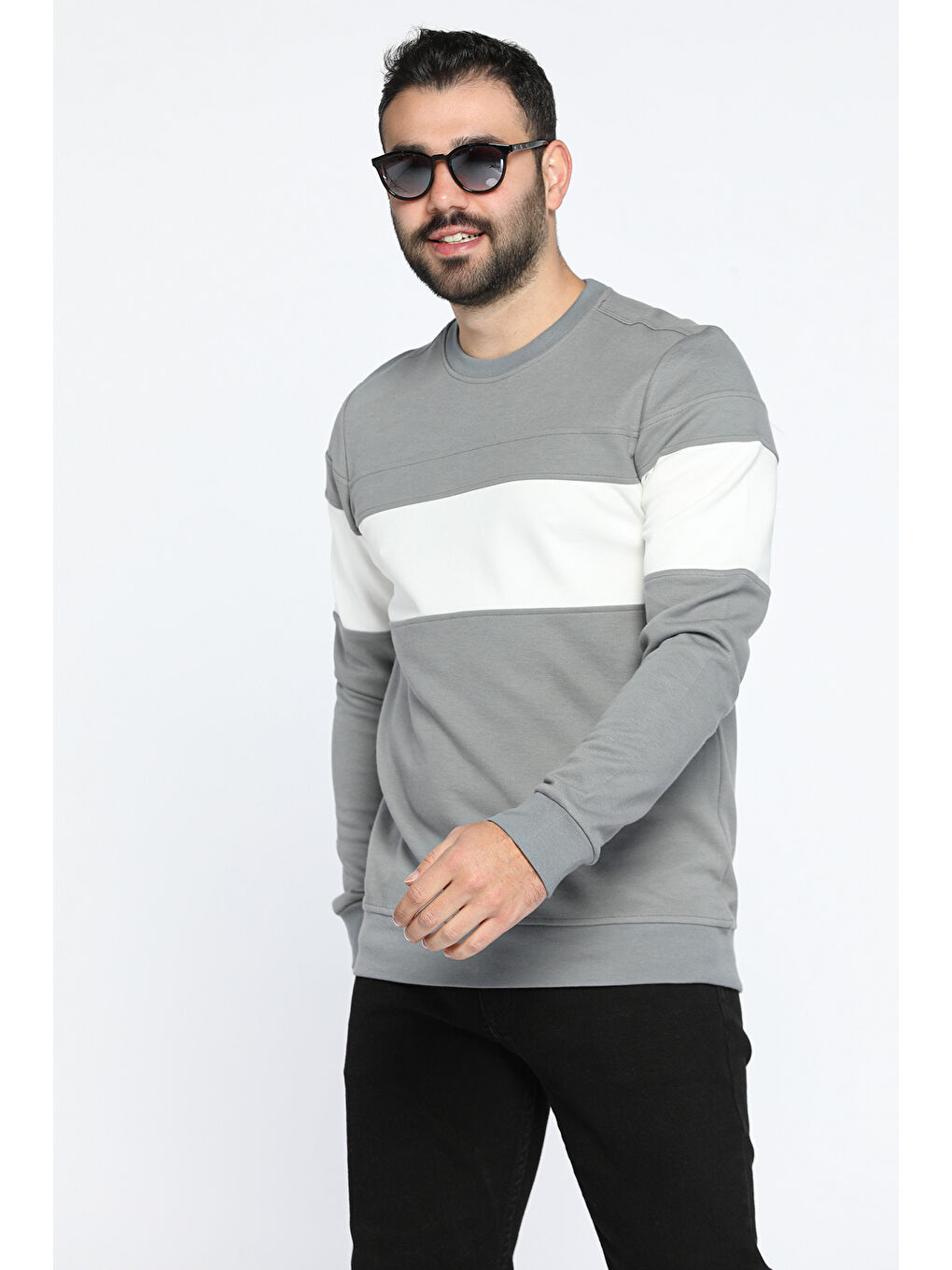 Mishar İtalia Gri Bisiklet Yaka Renk Garnili Erkek Sweatshirt