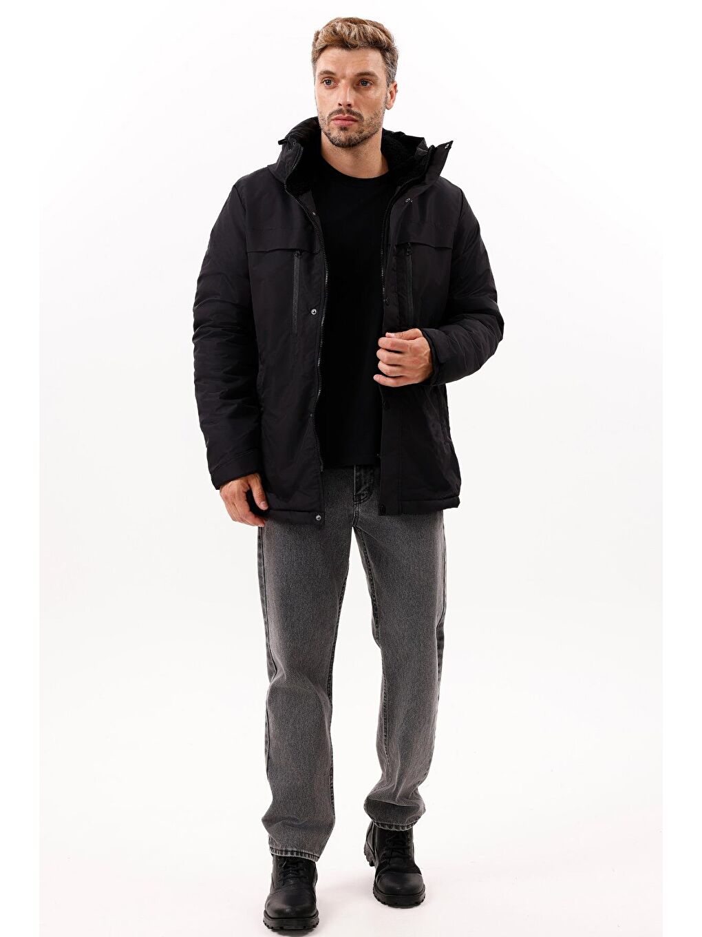 Siyah Erkek Polarlı Kürklü Su Ve Rüzgar Geçirmez Kapüşonlu Kışlık Mont & Kaban & Parka - Elyaflamalı-5