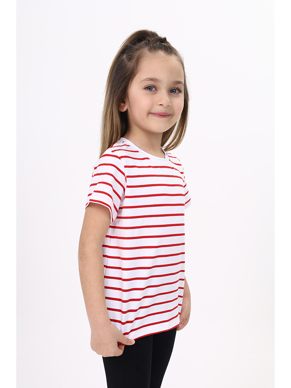Kırmızı Unisex Çocuk Çizgili Tişört-2