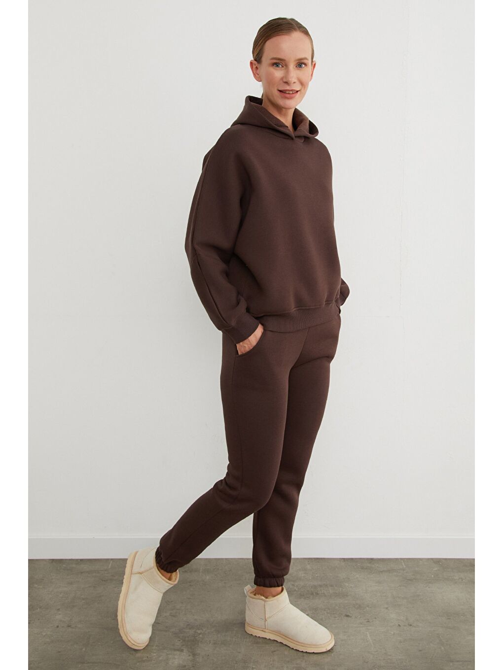 Kahverengi 3 İplik Basic Kapüşonlu Jogger Eşofman Takımı-3