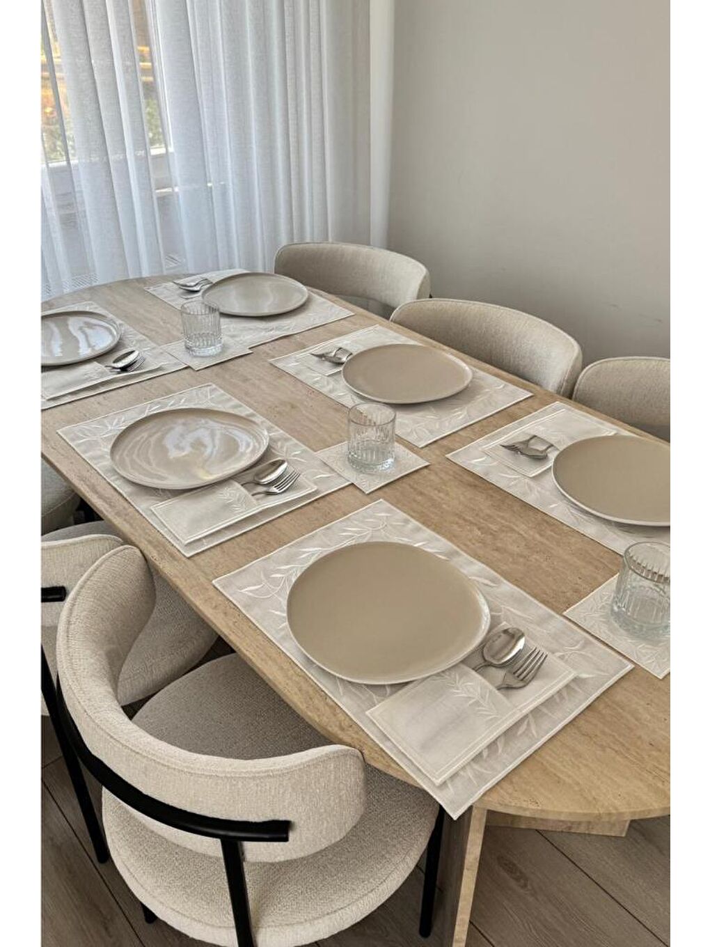 Ekru Nazlım Keten Nakışlı Amerikan Servis Takımı 19 Parça Krem-1