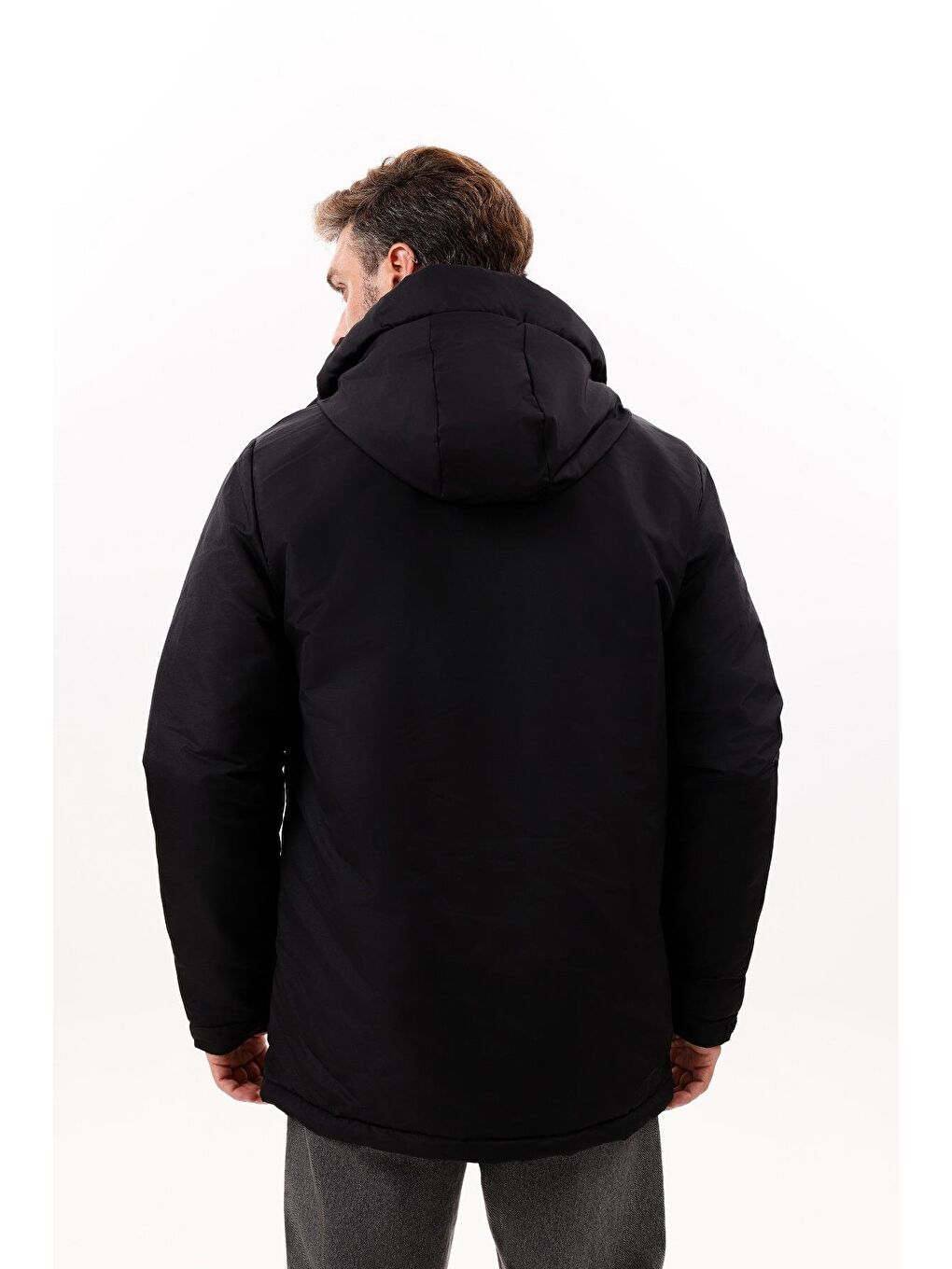 Siyah Erkek Polarlı Kürklü Su Ve Rüzgar Geçirmez Kapüşonlu Kışlık Mont & Kaban & Parka - Elyaflamalı-6