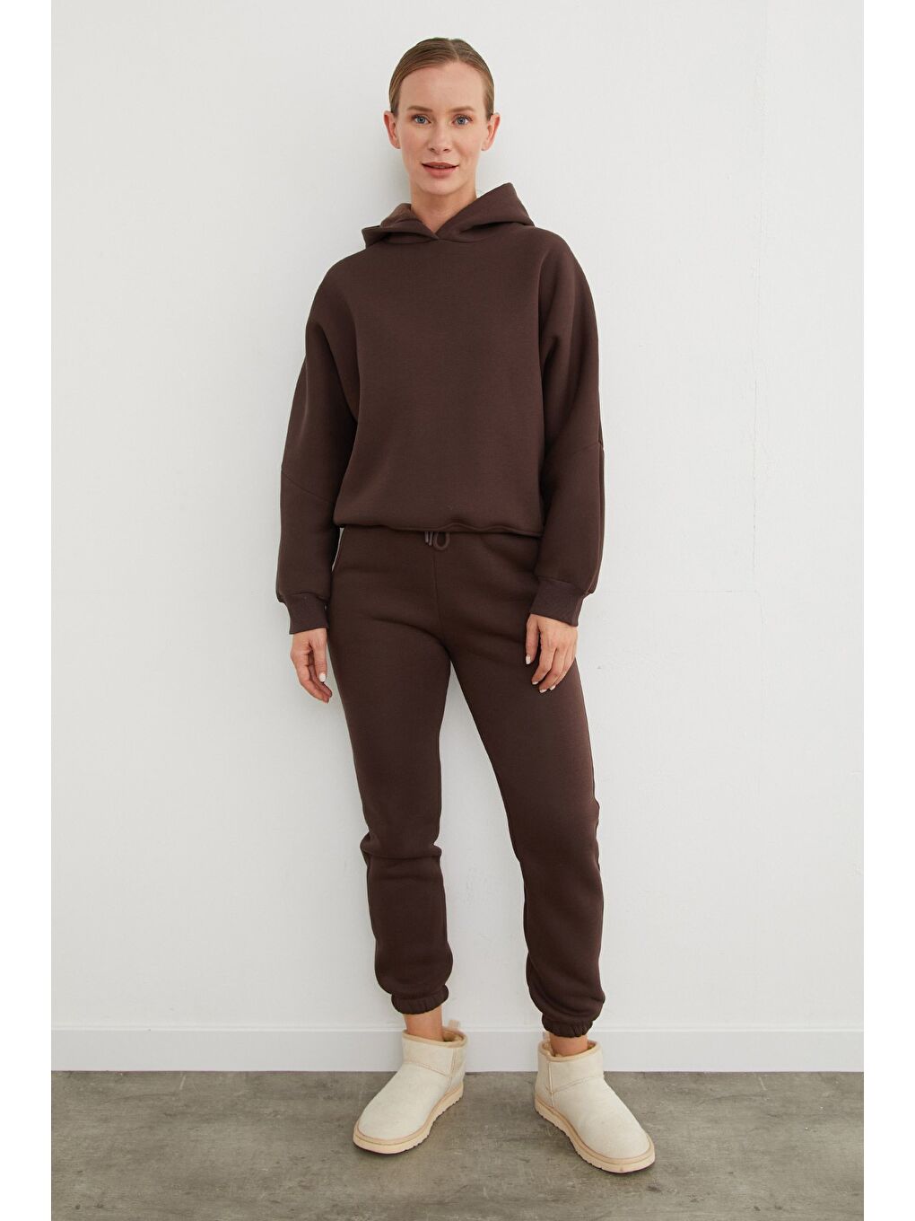 Kahverengi 3 İplik Basic Kapüşonlu Jogger Eşofman Takımı-4