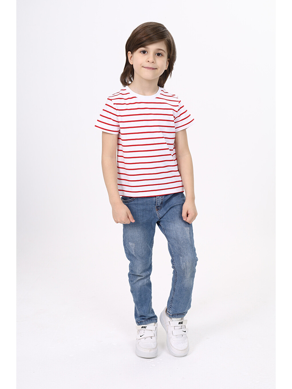 Kırmızı Unisex Çocuk Çizgili Tişört-4