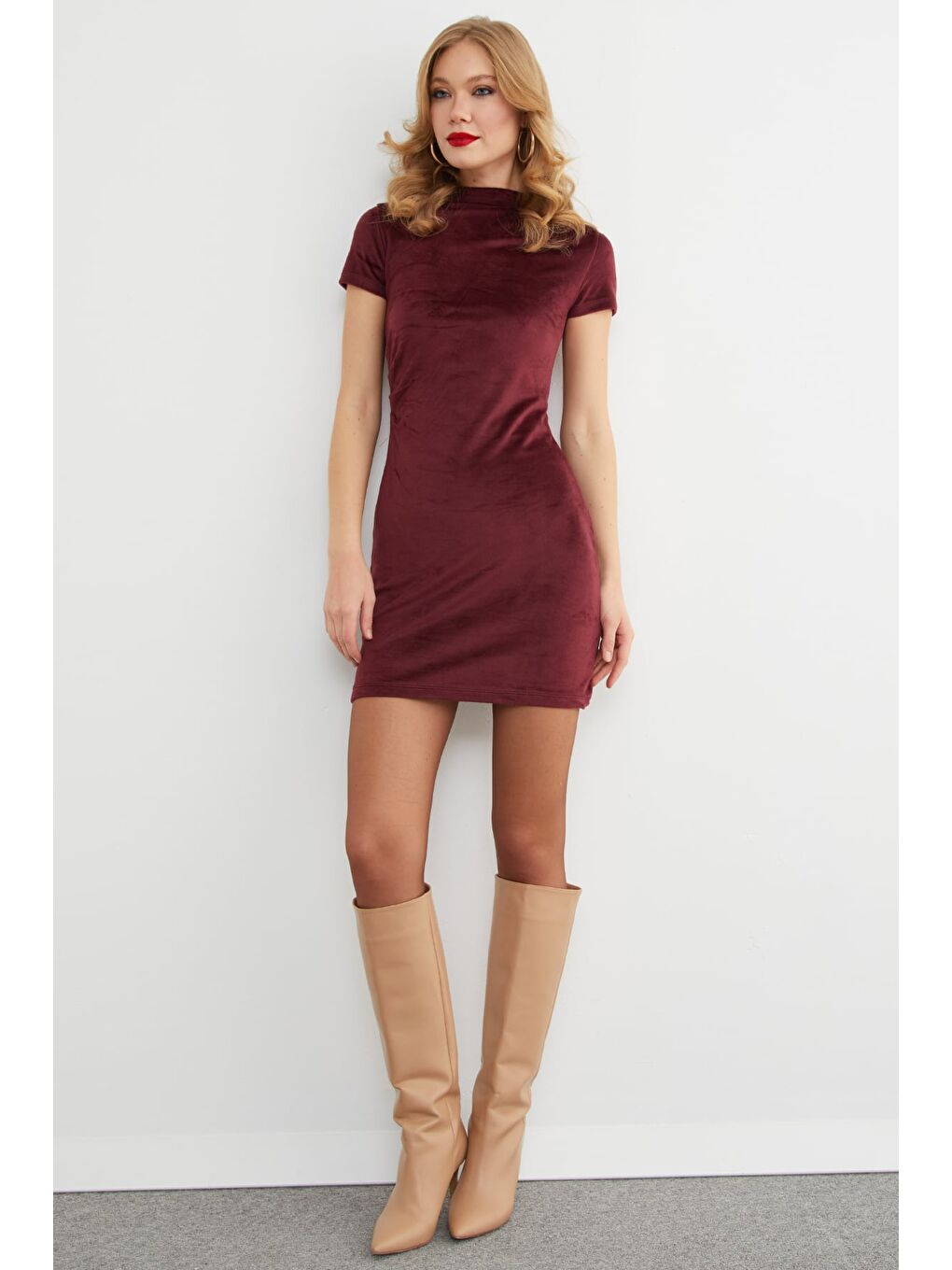 Bordo Beli Drapeli Dik Yaka Süet Elbise-2