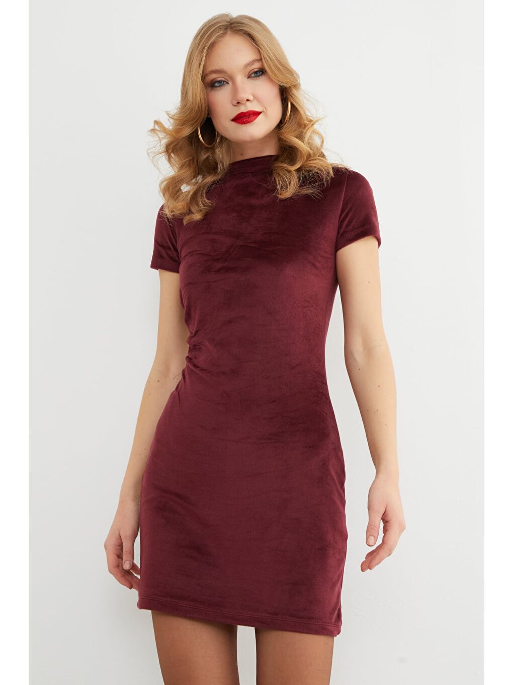 Bordo Beli Drapeli Dik Yaka Süet Elbise-3