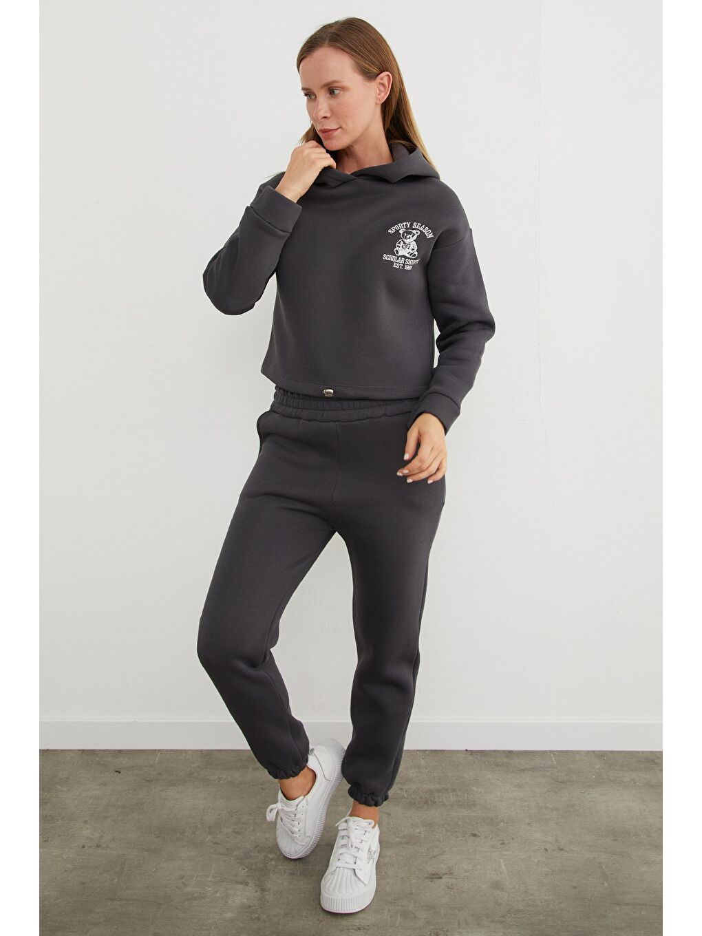 Gri 3 İplik Ayıcık Nakışlı Kapüşonlu Jogger Eşofman Takımı