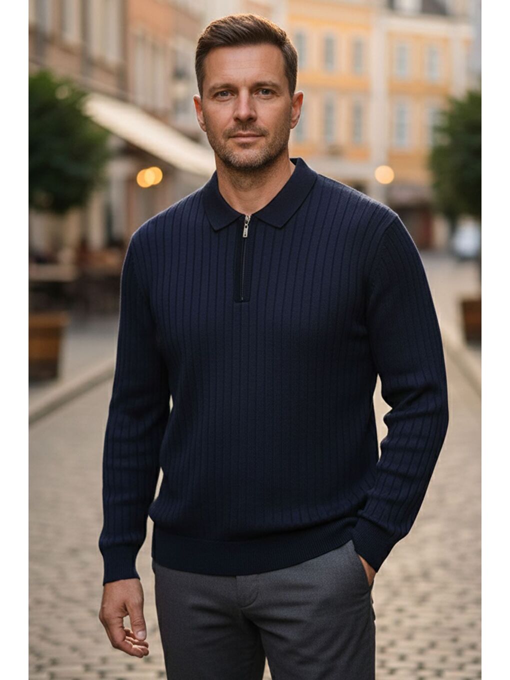 Lacivert Erkek Polo Yaka Yarım Fermuarlı Kendinden Çizgi Desenli Triko Kazak