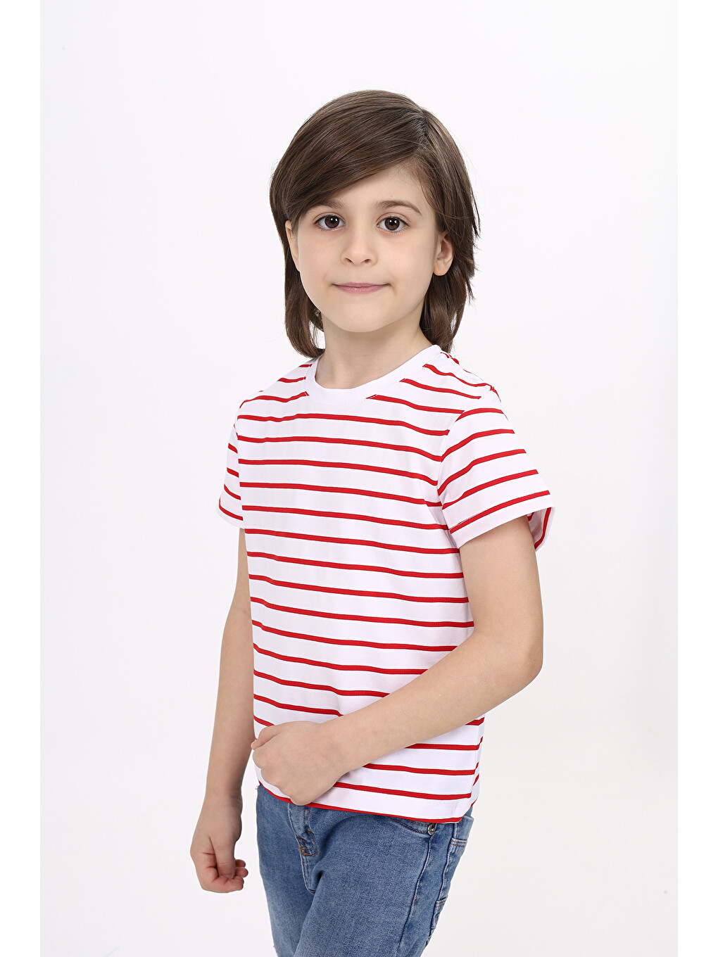 Kırmızı Unisex Çocuk Çizgili Tişört-5