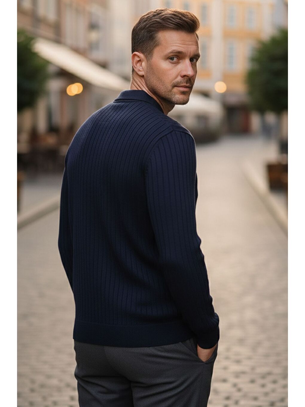 Lacivert Erkek Polo Yaka Yarım Fermuarlı Kendinden Çizgi Desenli Triko Kazak-1