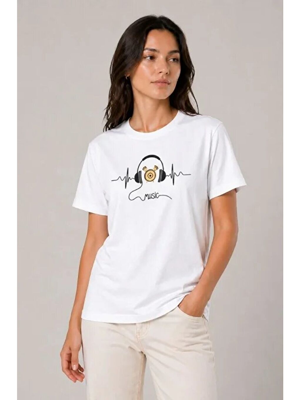 Müzik Temalı Baskılı Tişört Bisiklet Yaka Kısa Kol T-Shirt - Beyaz