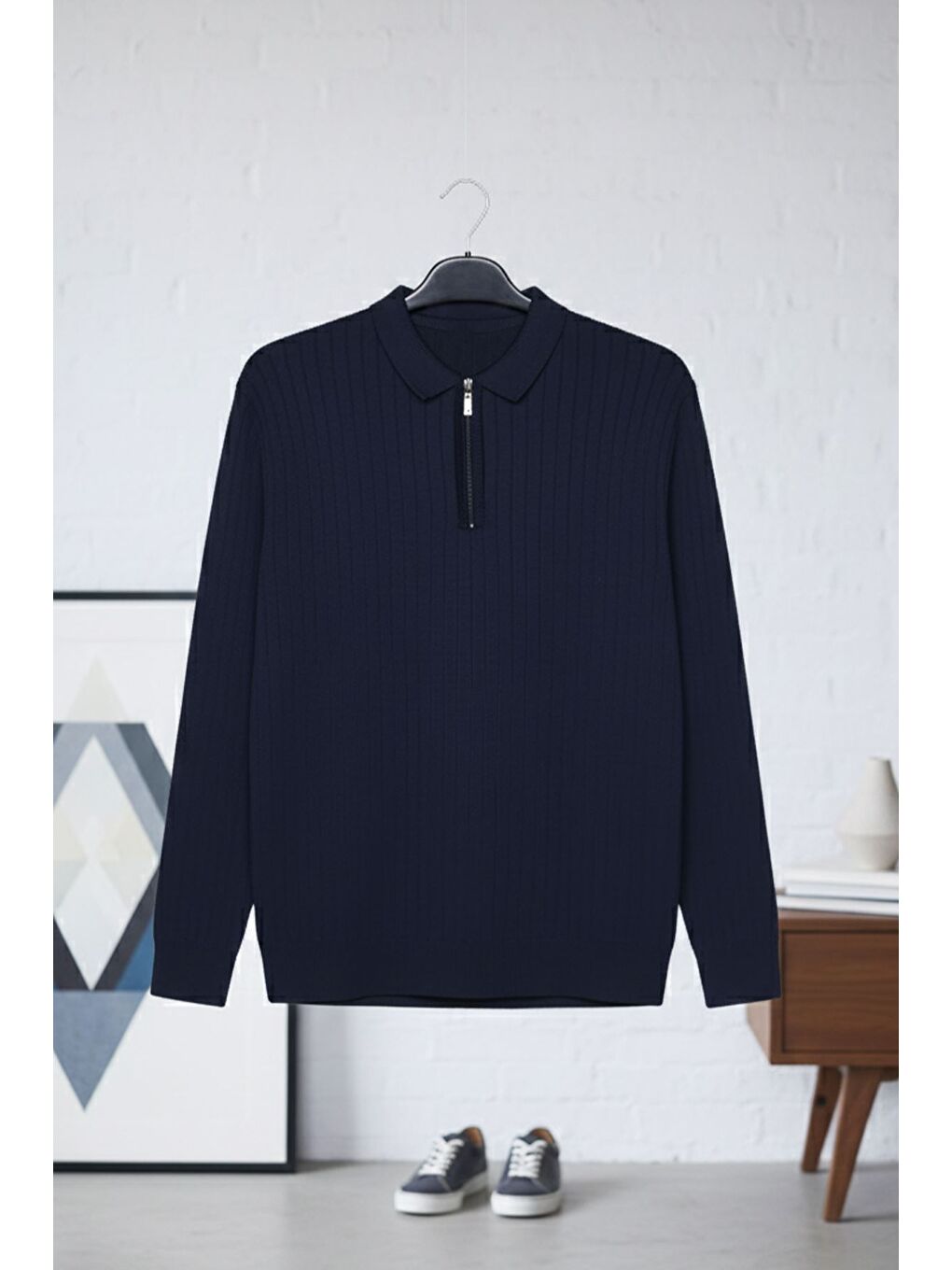 Lacivert Erkek Polo Yaka Yarım Fermuarlı Kendinden Çizgi Desenli Triko Kazak-2