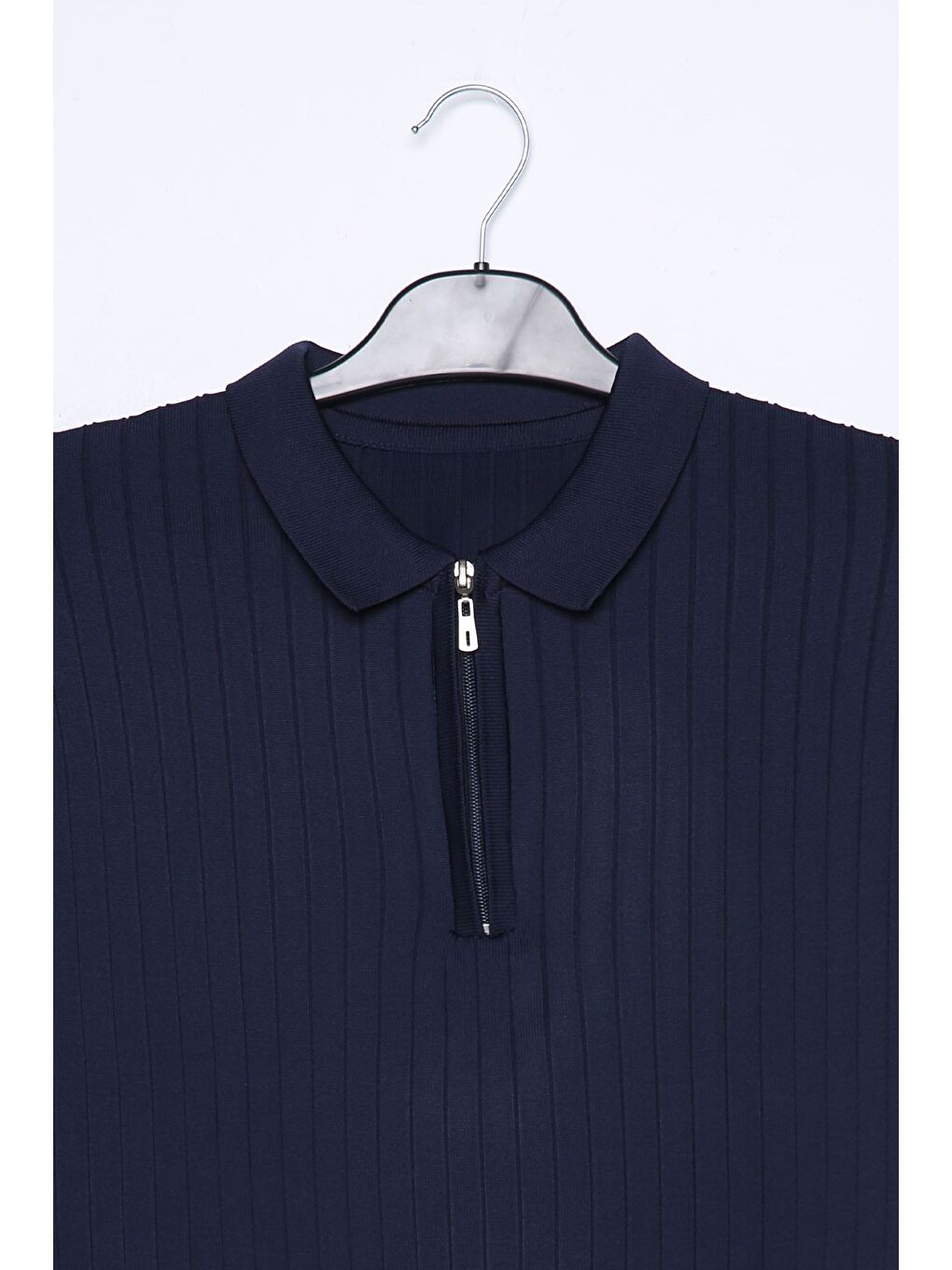 Lacivert Erkek Polo Yaka Yarım Fermuarlı Kendinden Çizgi Desenli Triko Kazak-3