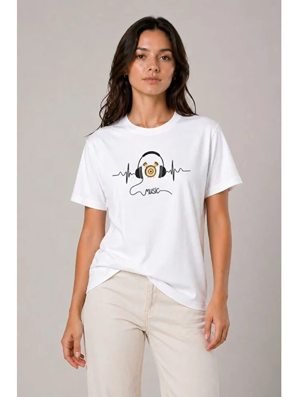Müzik Temalı Baskılı Tişört Bisiklet Yaka Kısa Kol T-Shirt - Beyaz-1