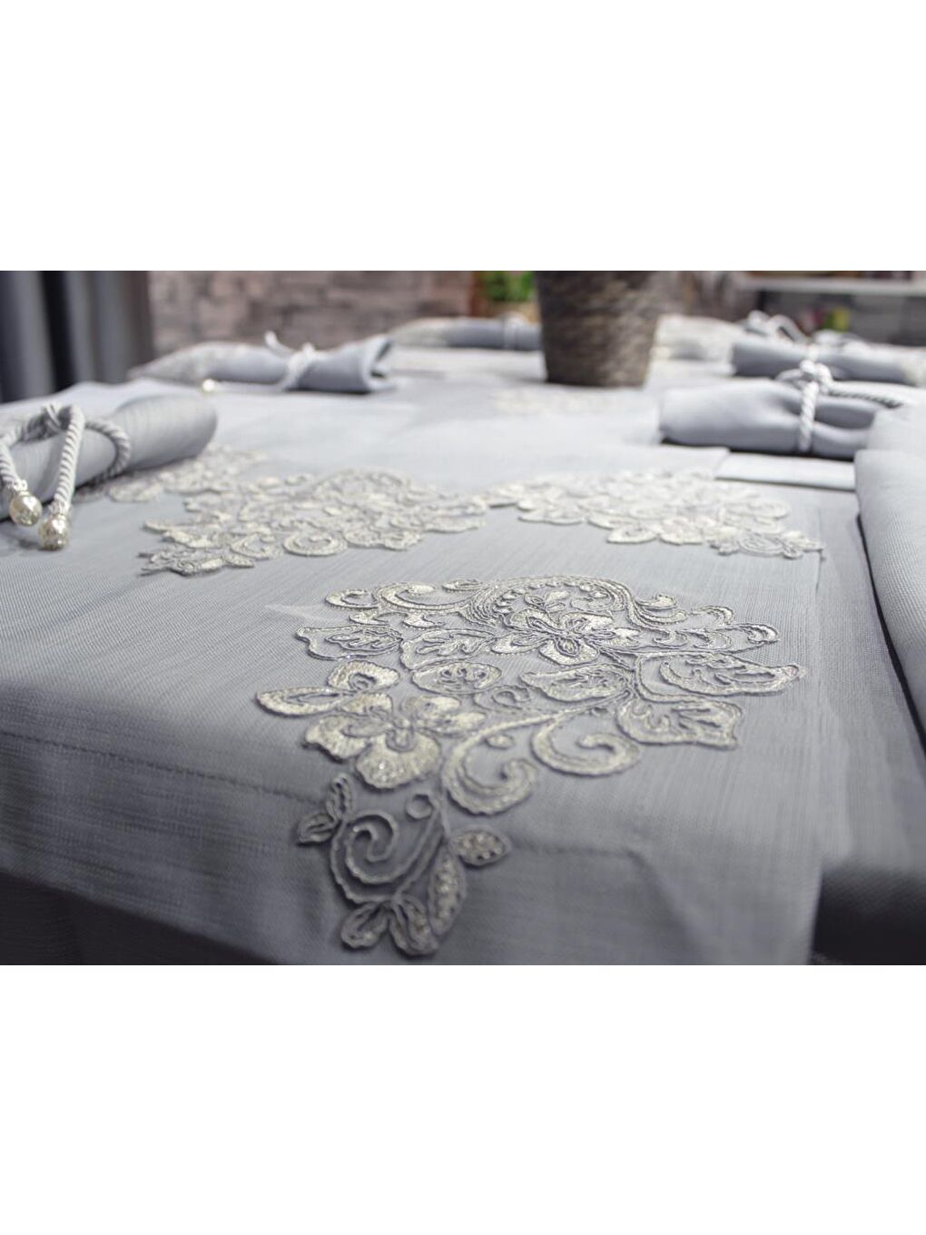 Fransız Dantelli El İşi Hercai 34 Parça Amerikan Servis Seti Gri-2