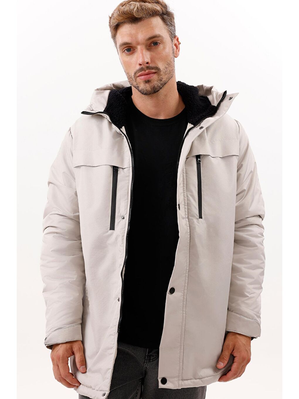 Bej Erkek Polarlı Kürklü Su Ve Rüzgar Geçirmez Kapüşonlu Kışlık Mont & Kaban & Parka - Elyaflamalı-2