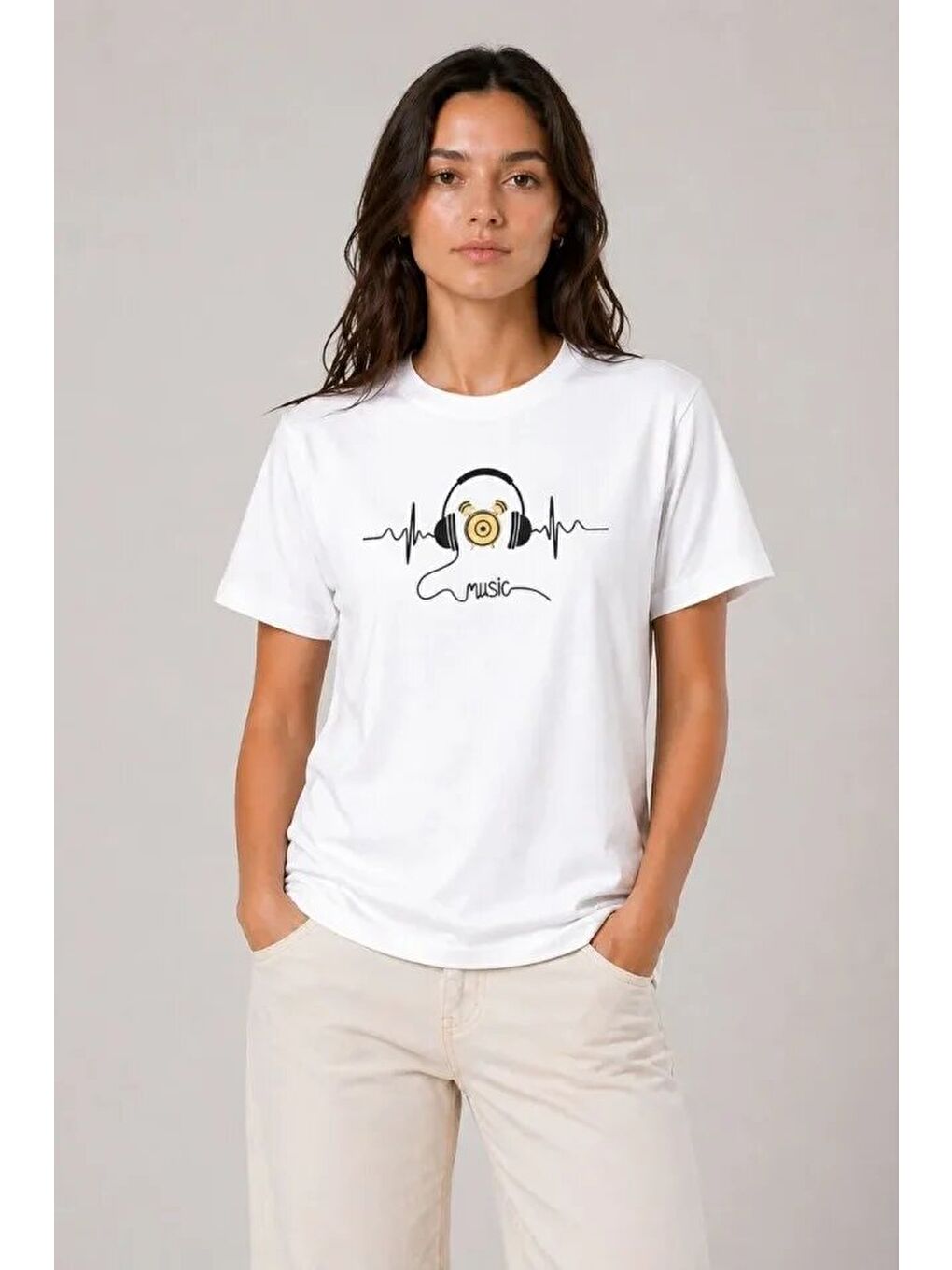 Müzik Temalı Baskılı Tişört Bisiklet Yaka Kısa Kol T-Shirt - Beyaz-2