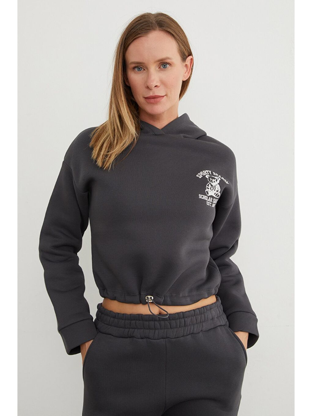 Gri 3 İplik Ayıcık Nakışlı Kapüşonlu Jogger Eşofman Takımı-3