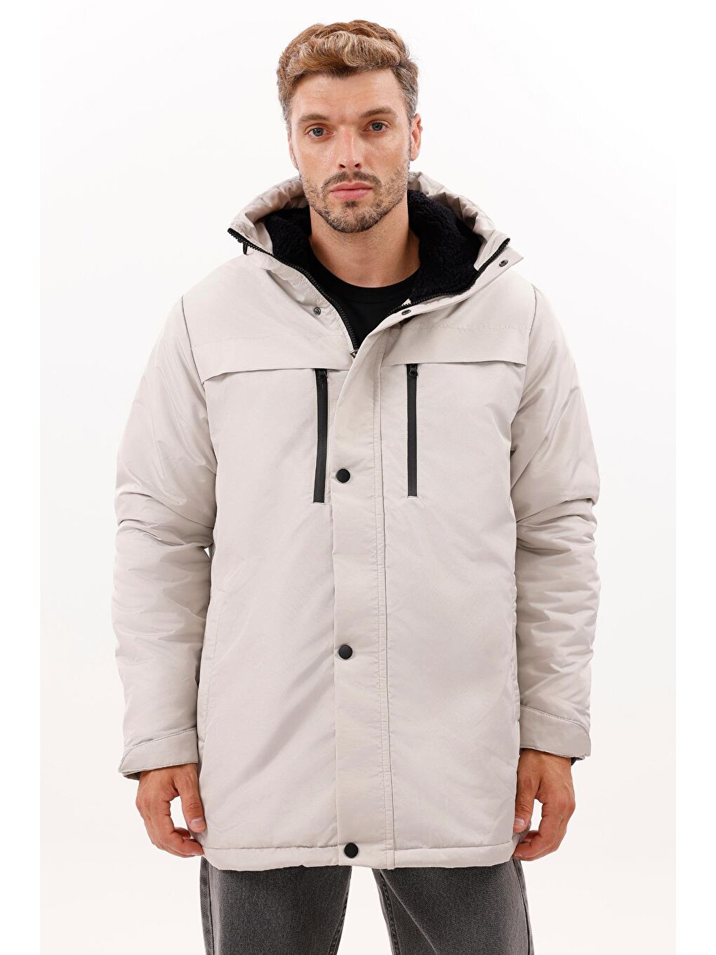 Bej Erkek Polarlı Kürklü Su Ve Rüzgar Geçirmez Kapüşonlu Kışlık Mont & Kaban & Parka - Elyaflamalı-3