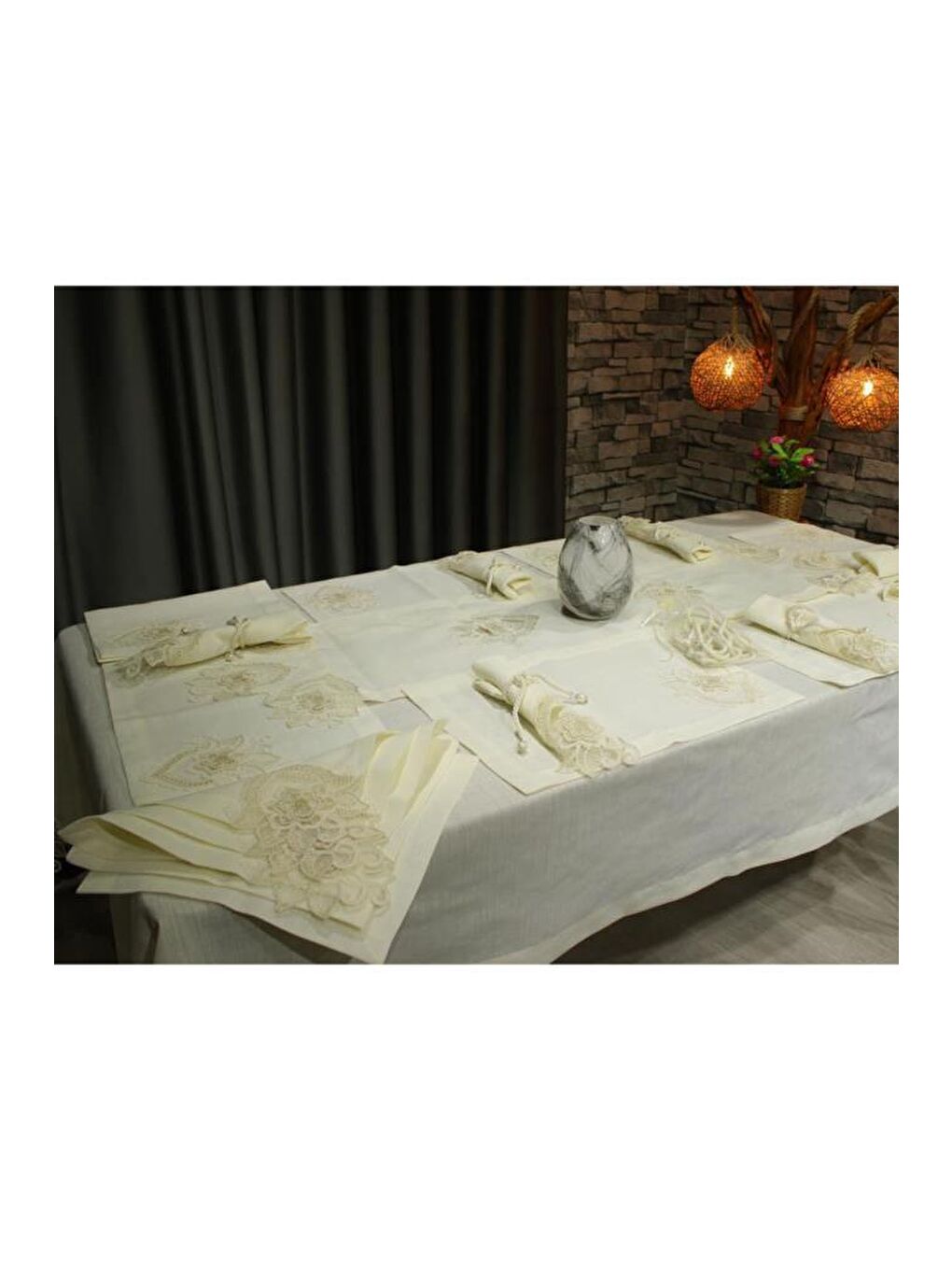 Ekru Fransız Dantelli El İşi Menekşe 34 Parça Amerikan Servis Seti Krem-4