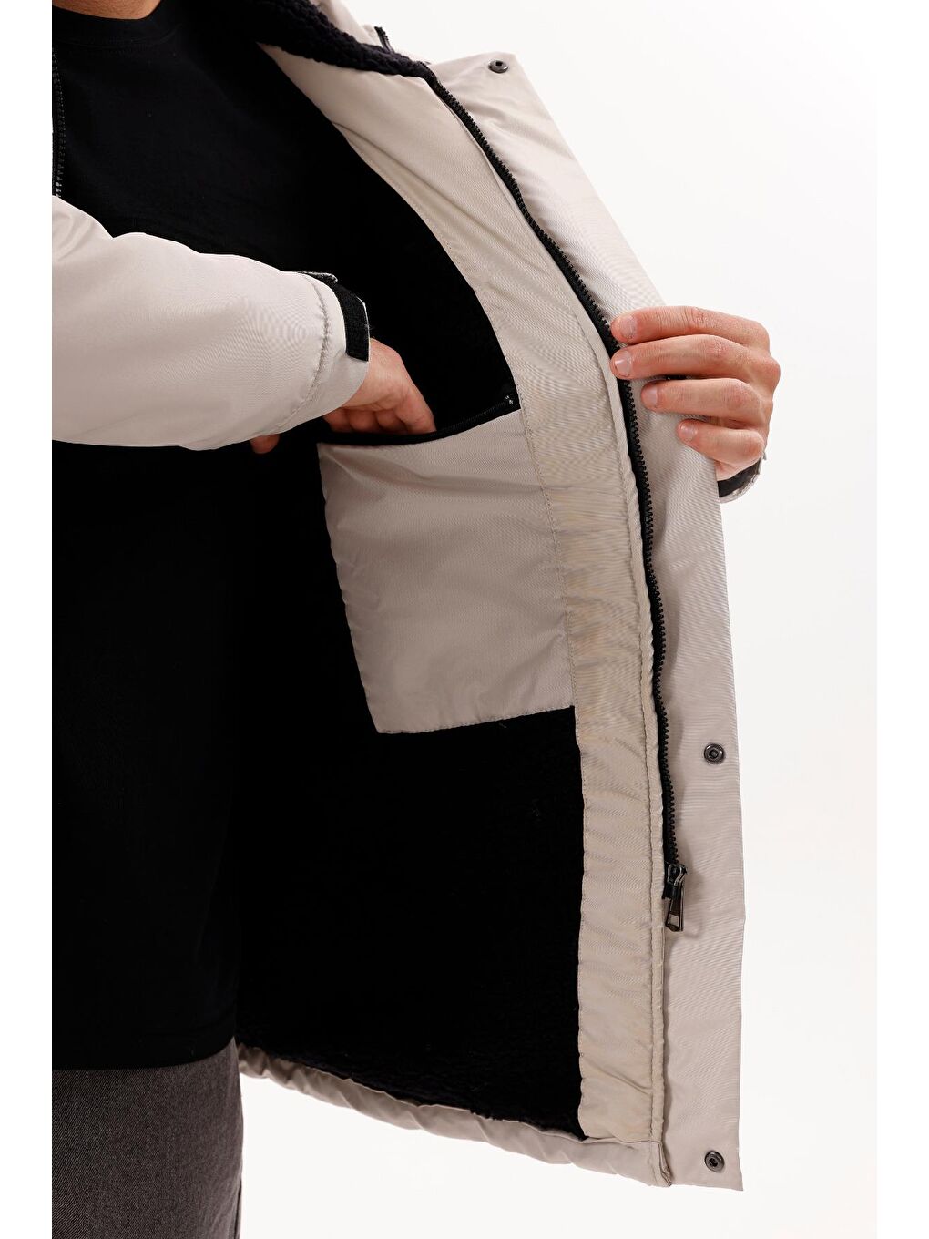 Bej Erkek Polarlı Kürklü Su Ve Rüzgar Geçirmez Kapüşonlu Kışlık Mont & Kaban & Parka - Elyaflamalı-4