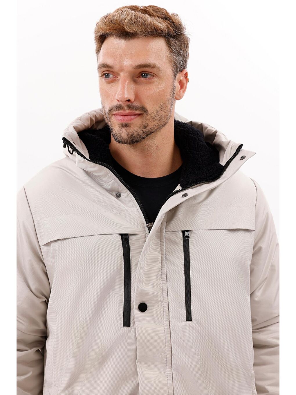 Bej Erkek Polarlı Kürklü Su Ve Rüzgar Geçirmez Kapüşonlu Kışlık Mont & Kaban & Parka - Elyaflamalı-5