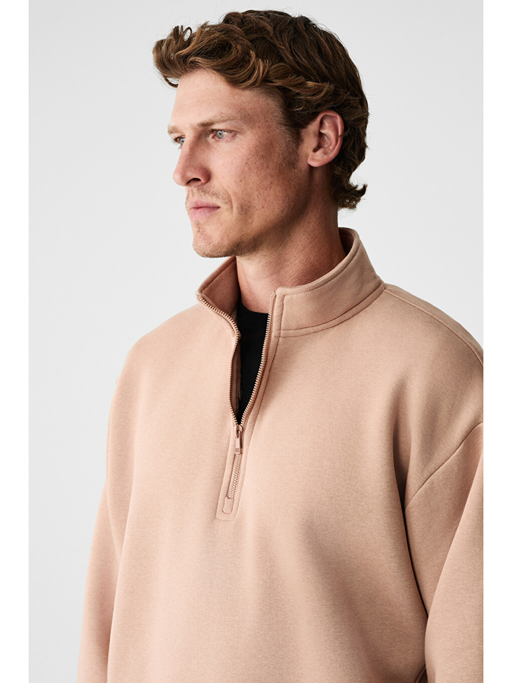 Bej BAXTER Erkek Dik Yakalı Fermuarlı Relaxed VİZON Sweatshirt-2