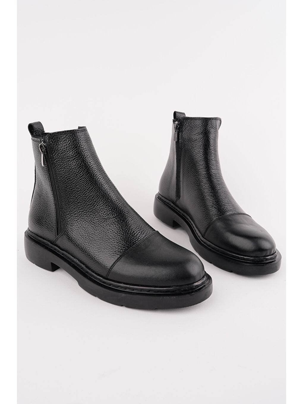 Siyah DRAKO Hakiki Deri Çift Fermuarlı Erkek Kışlık Chelsea Bot