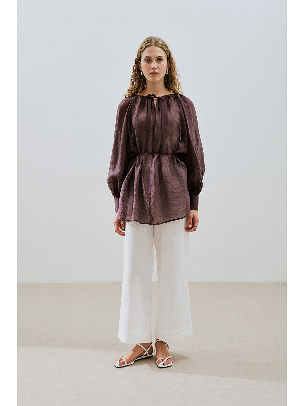 Geniş Manşetli Kuşaklı Tunik Bordo-1