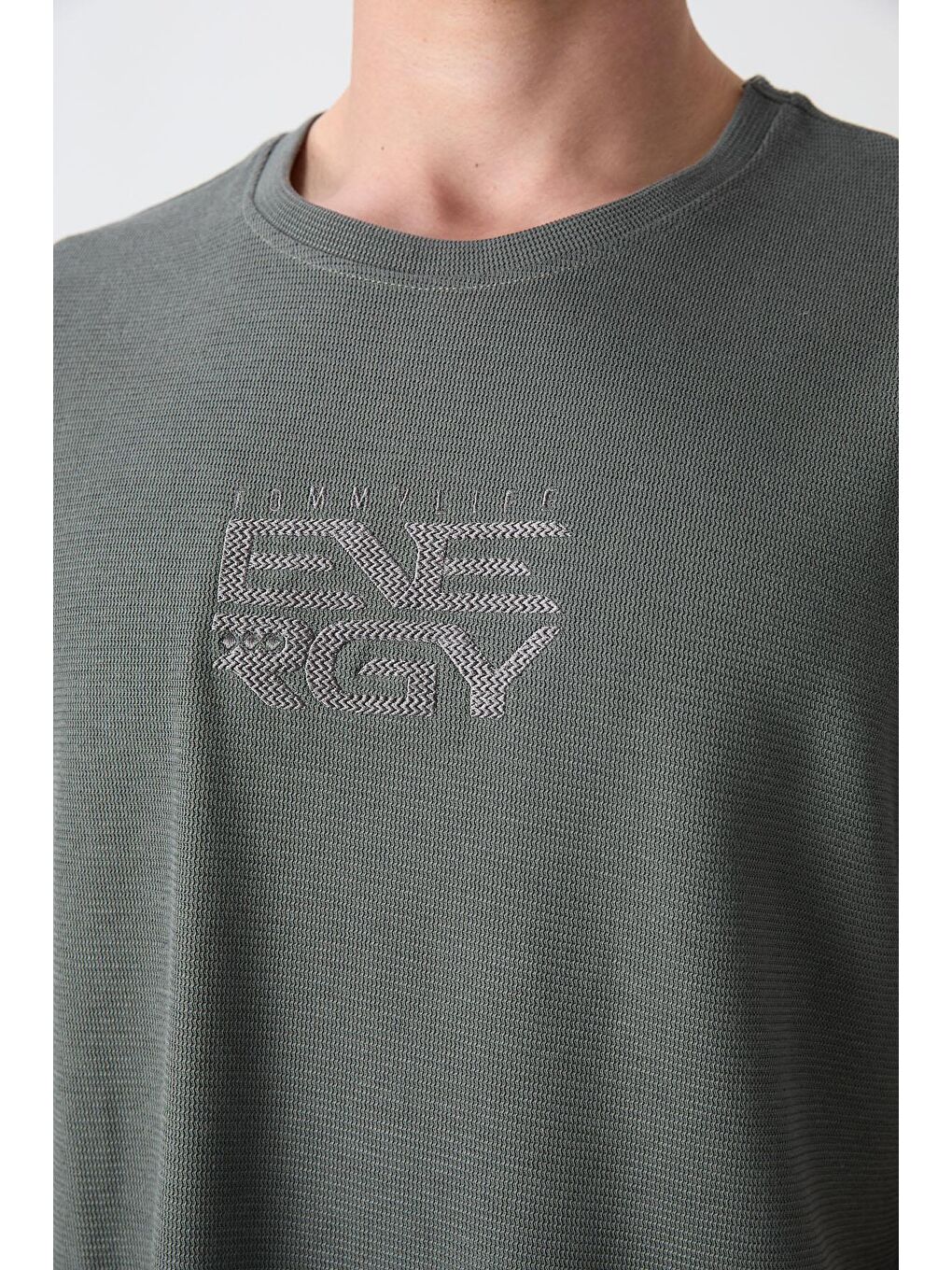 Haki Pamuklu Kalın Yüzeyi Dokulu Oversize Fit Baskılı Erkek Tişört - 88336-1