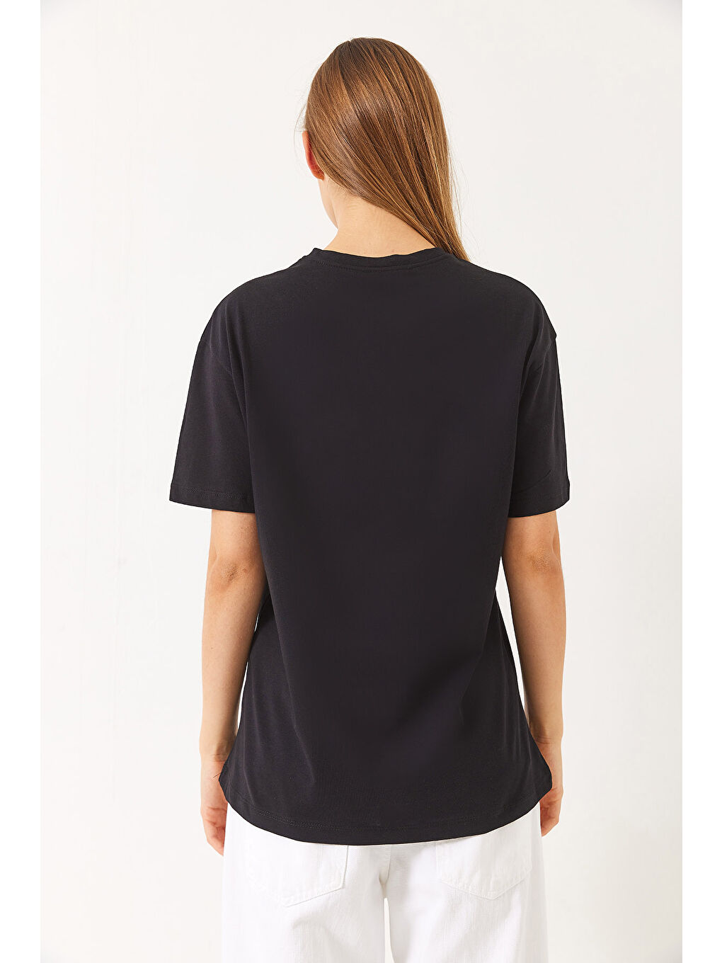 Siyah Kadın Kalpli Taş Baskılı Çiçek Aksesuarlu Bisiklet Yaka Pamuklu T-Shirt-7