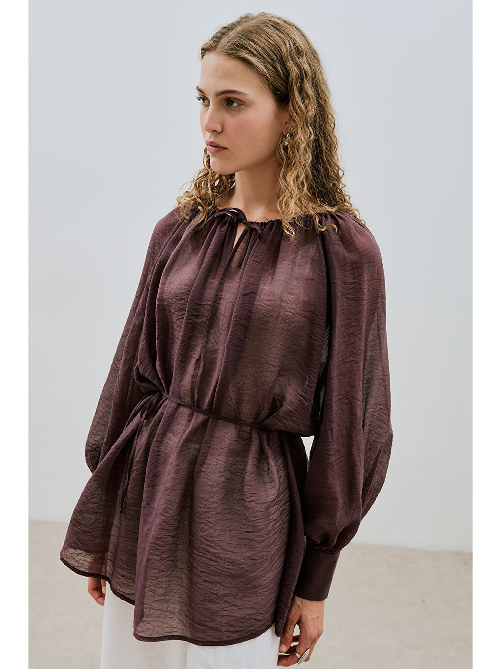 Geniş Manşetli Kuşaklı Tunik Bordo-2