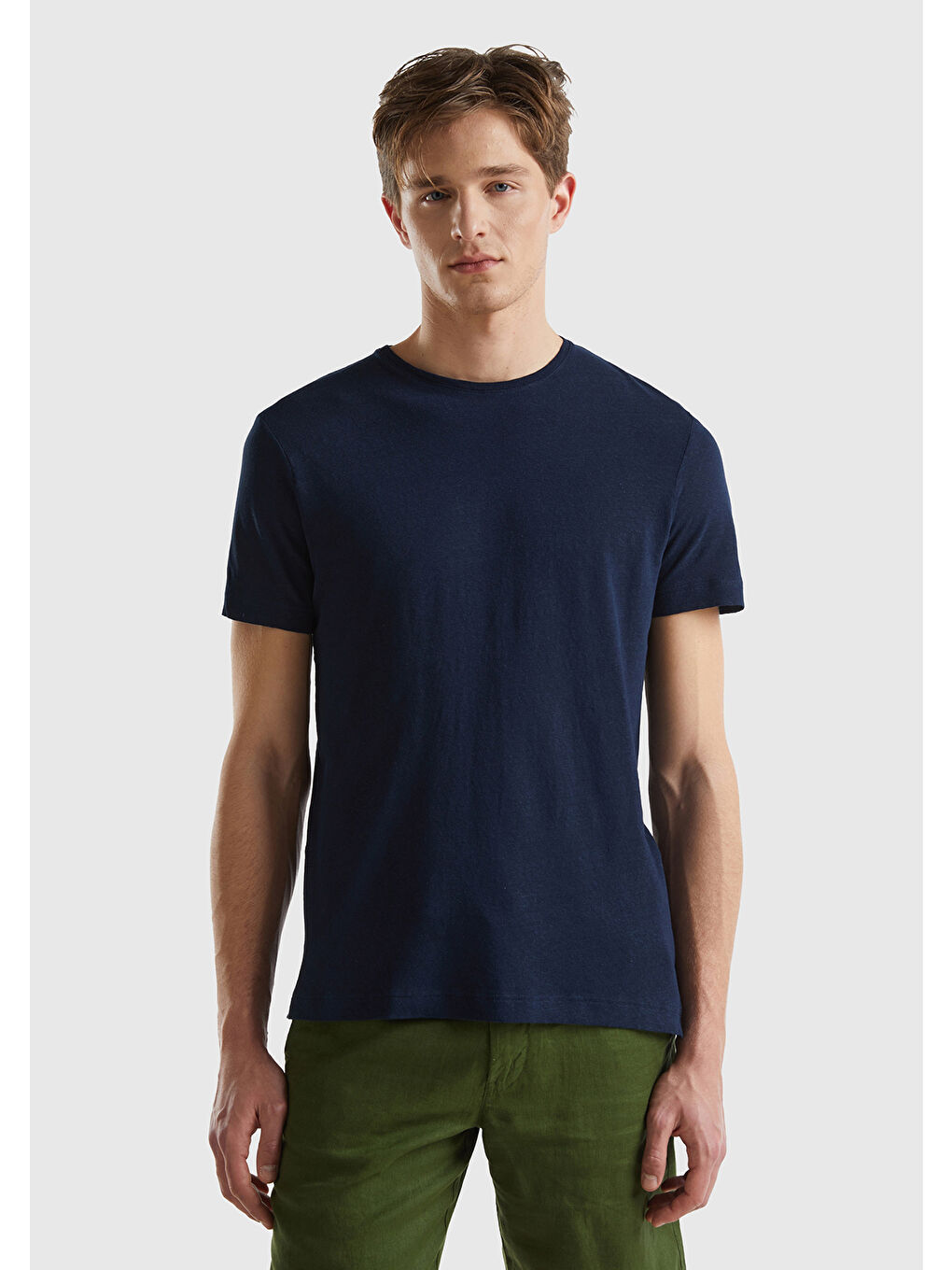 United Colors Of Benetton Erkek İndigo Keten Karışımlı Bisiklet Yaka Basic T-Shirt