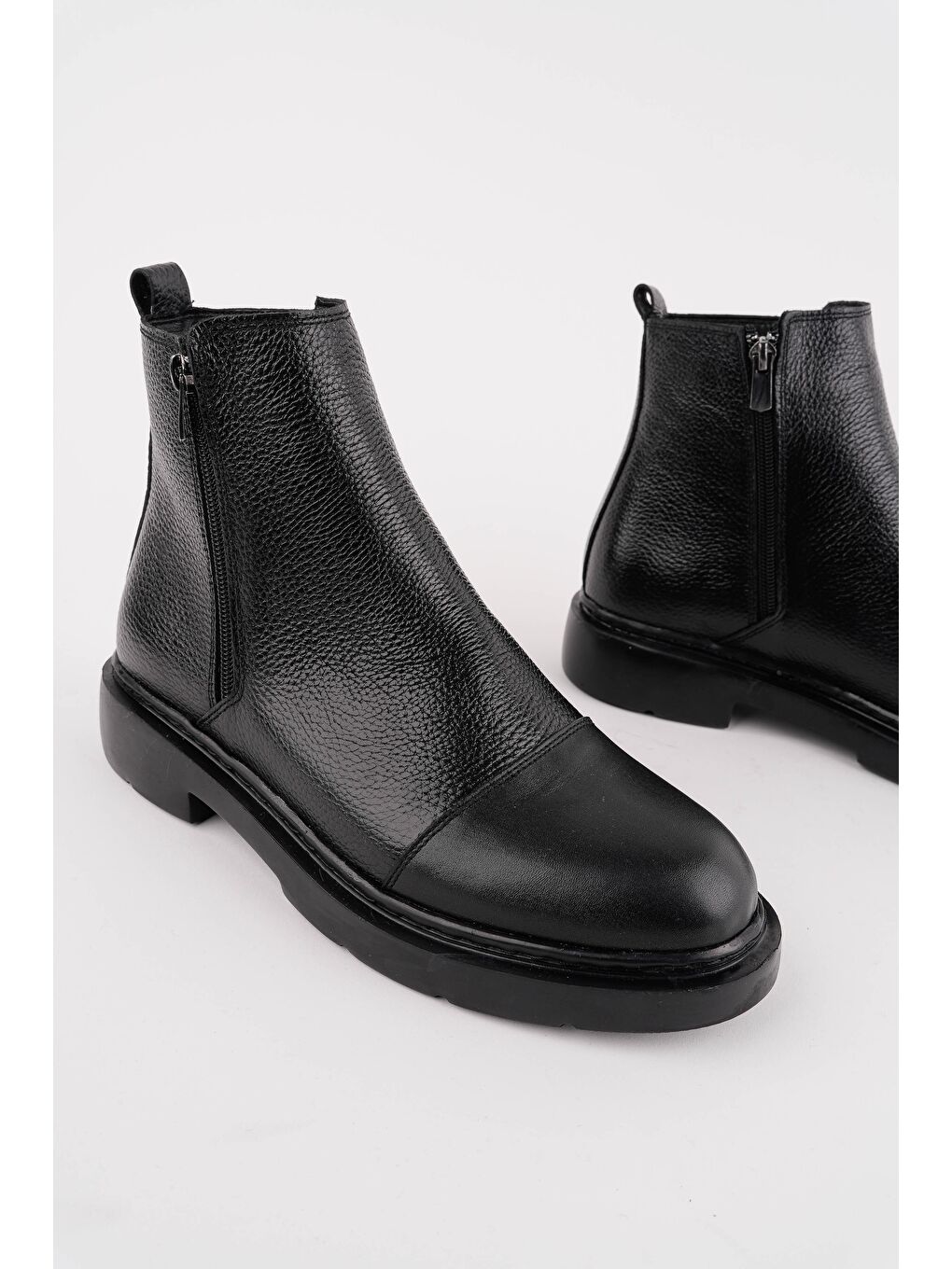 Siyah DRAKO Hakiki Deri Çift Fermuarlı Erkek Kışlık Chelsea Bot-1