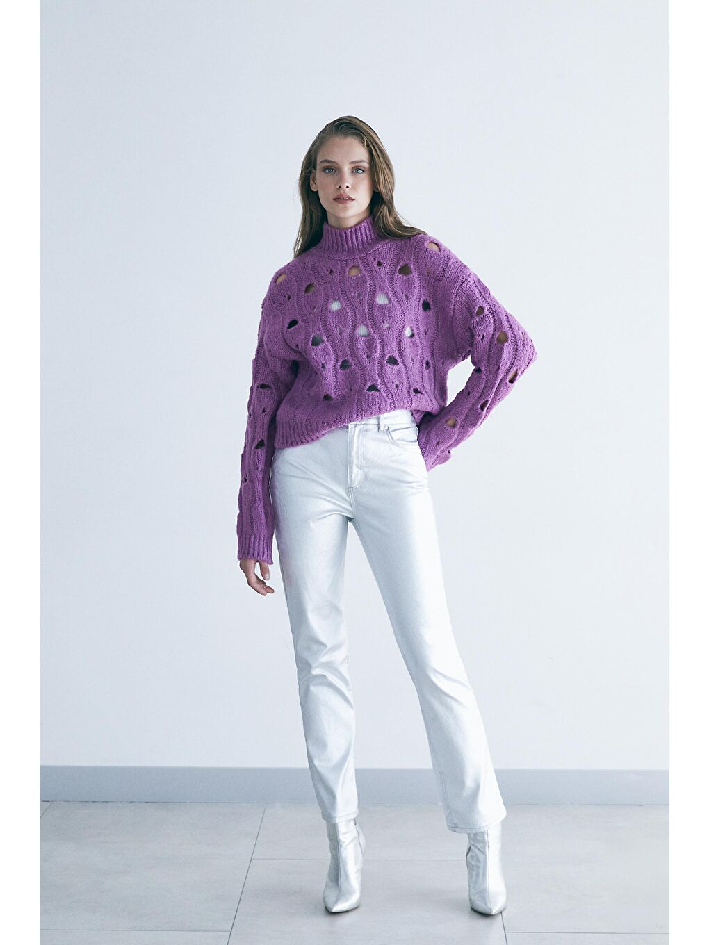 Mor Dik Yakali Delik Jakar Detaylı Kazak-2