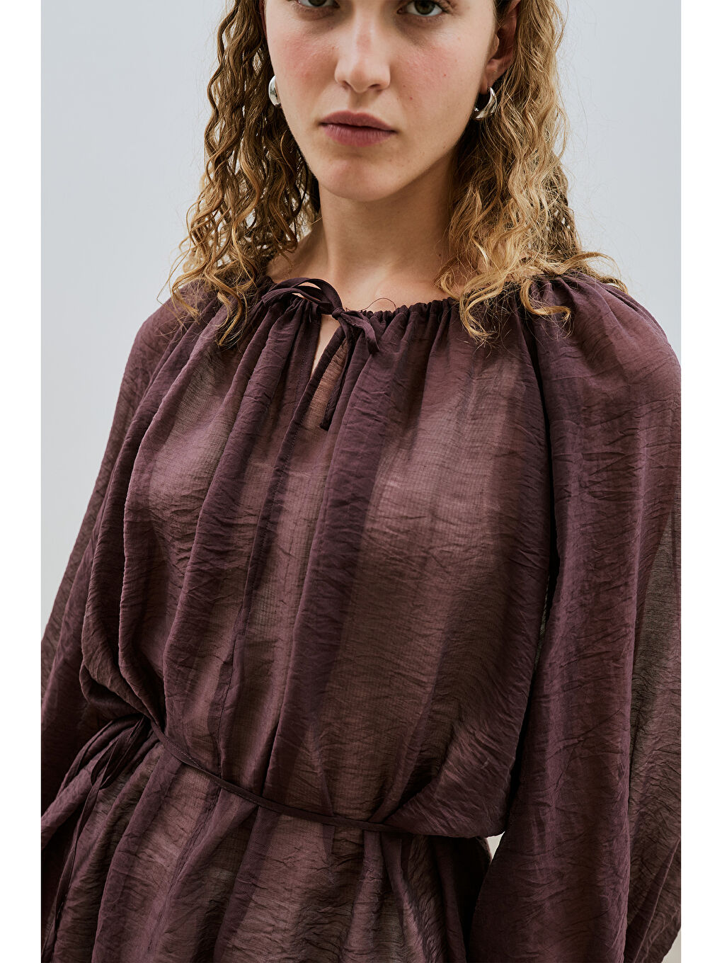 Geniş Manşetli Kuşaklı Tunik Bordo-3