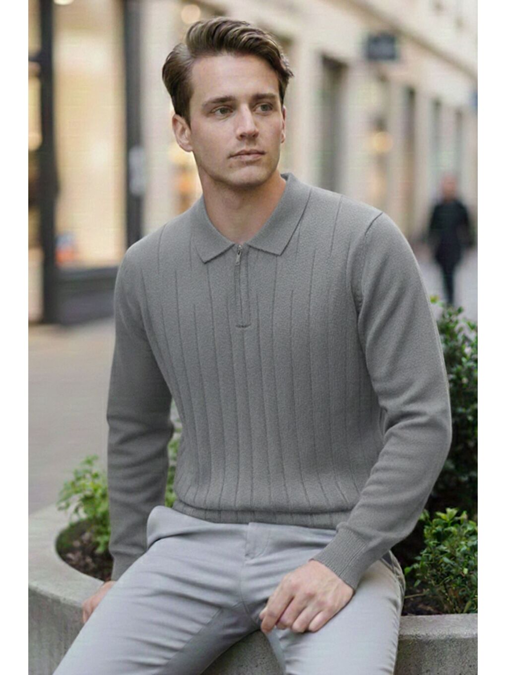 Gri Erkek Polo Yaka Yarım Fermuarlı Kendinden Desenli Triko Kazak